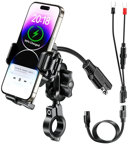 BRCOVAN Motorcycle Phone Mount Handlebar Holder with Qi 15W Wireless Charger & 36W PD/USB C Fast Charging Port, Anti-Theft, with Vibration Dampener, 1s Lock & Release, Camera Friendly, Adjustable Size