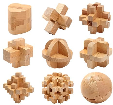 Holzsammlung 9 Piezas Rompecabezas de Madera, 3D IQ Juegos de Ingenio, Rompecabezas Madera Puzzle Bloqueo Juguetes Educativos Regalo para Niños Adultos Adolescentes, 7cm