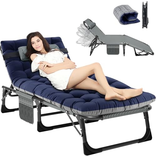 ZIKEBTUY Garden Sunloungers 440lbs Load Capacity Folding Bed Sun Recliner Lounger with Side Pocket and Adjustable Backrest Portable Camp Bed for Camping Office Nap Patio Pool 190x68x30CM (Blue-gy)