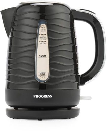 Progress Wave Textured 1.7L Kettle – Auto Shut-Off, Boil-Dry Sensor, BPA-Free, Otter Controller, Anti Limescale Filter, 360° Base, Water Level Indicator, Stylish Black Finish, 2200W, EK6088PBLK