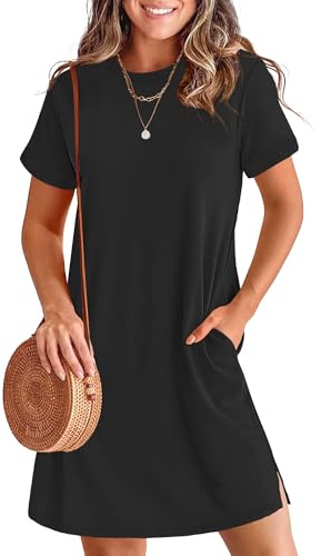 ANRABESS Women's Summer Casual T Shirt Dresses Short Sleeve Crewneck Striped Mini Shift Dress 2026 Beach Vacation Outfits Black Large