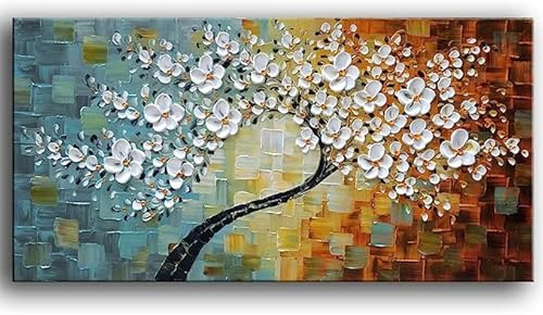Fokenzary Dipinto a mano astratto moderno fiori spessi effetto 3D coltello tela pittura incorniciata pronta da appendere (50,8 x 101,6 cm)