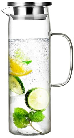 ​FHISKUNYU Jarra de Agua en Cristal Borosilicato 1,5L - Jarra con Tapa Termorresistente (-20°C a +150°C), Asa de Acero Inoxidable y Diseño Minimalista​