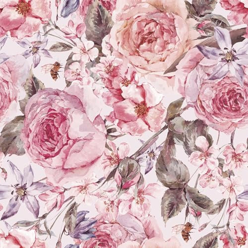 Decotalk Papier Peint Autocollant Fleurs Rose 44.5x300cm Papier Peint Adhesif Mural Fleurs Adhesif Pour Meuble Rose Vintage Armoire Autocollants Pour Chambre Salon Cuisine Meuble Porte Imperméable
