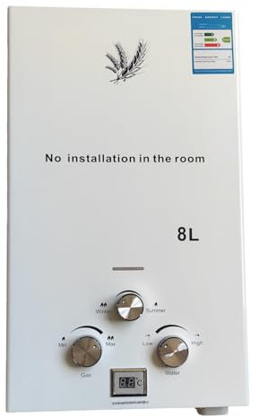 Furvveerr 8L Scaldabagno a Gas GPL,con Modalità Inverno ed Estate,Bianco,Caldaia a Gas da 16KW,Scaldabagno Gas di Petrolio Liquefatto,Uscita Dell'acqua Calda 8L/min