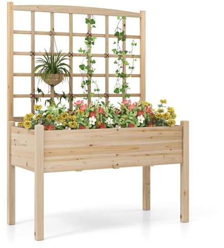 COSTWAY Huerto Urbano Elevado de Madera con Enrejado, Agujeros de Drenaje, Caja de Plantas Elevada de Madera con Piernas para Enredaderas, Flores, Hierbas, Verduras, Maceta para Patio y Balcón