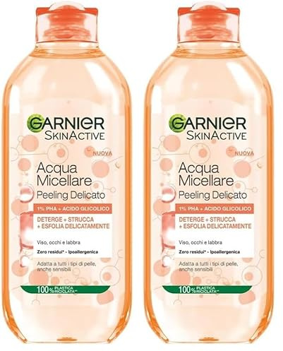 Garnier SkinActive Acqua Micellare Tutto-in-1, Peeling Delicato, Esfoliante, Per Tutti i Tipi di Pelle, Senza Risciacquo, Formula Vegana e Ipoallergenica, 400 ml (Confezione da 2)