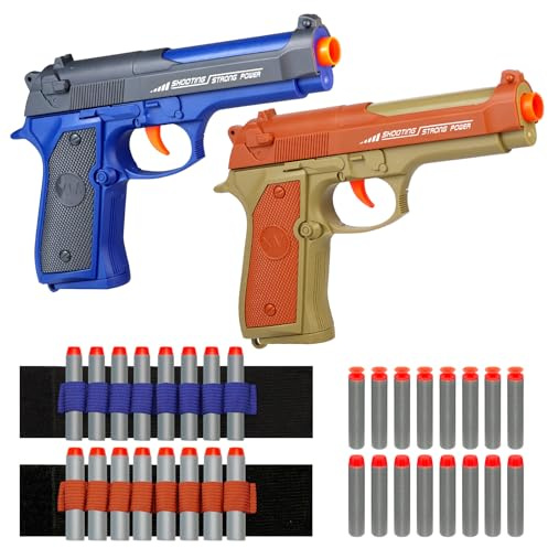 2 Pack Blaster Guns Boys Toy - with 16 Soft Foam Darts Bullets & 2 Wrist Bands - Christmas Birthday Hand Gun Toys Party Supplies for 6,7,8,9,10,11,12 Years Kids (Blue Orange)