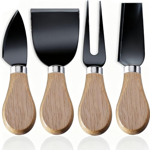 YUANQIAN 4-Piece Stainless Steel Cheese Knives Set with Wooden Handle & Black Accents - Cheese Slicer, Spreader, Fork & Prickle - Luxury Charcuterie Board Accessories for Entertaining