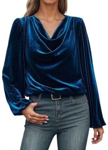 Top in velluto da donna con scollo a cascata - Elegante maglietta a maniche lunghe in velluto | Camicia festiva per occasioni speciali, XXL