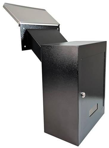 Powervize Through-The-Wall Drop Box with Rainproof Cover | Heavy Duty Through Wall Mailbox with 10-Inch Adjustable Chute | Locking Drop Safe for Mail, Rent, Checks, Cash, and Keys, Black