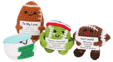 Xheemzce Sports Fan Stress Relief Gift, Handmade Crochet Ball Set with Motivational Cards, Amigurumi Sports Decor for Desk, Christmas Birthday Present for Family Friends