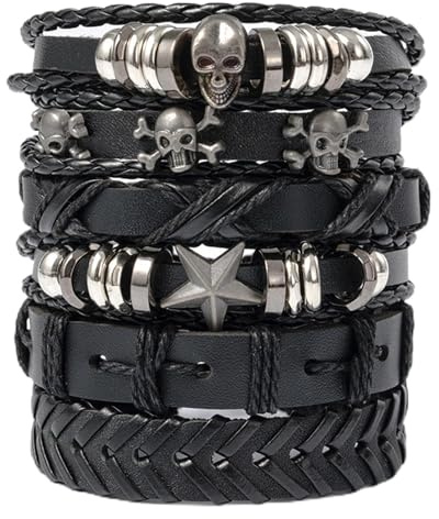 6 Pcs Punk Rock Studded Bracelets Set,Braided Wide Wristband Black Punk Rock Bracelet Set,Woven Cuff Wrap Vintage Bracelet Cuff 80s Emo Goth Jewelry Accessories for Men Women Emo Goth Viking Jewellery