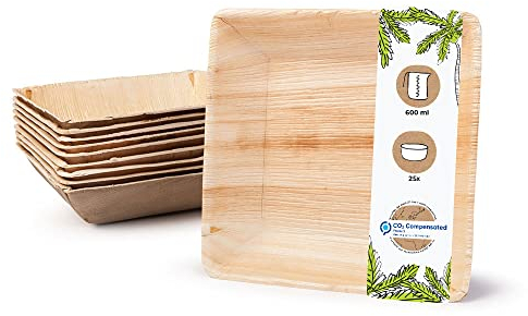 BIOZOYG 25x ciotola in foglia di palma 600 ml quadrata 17 cm - Ciotola per insalata compostabile - Ciotola usa e getta per stoviglie da festa sostenibili