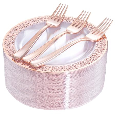 I00000 72 Pcs Rose Gold Dessert Plates 7.5 & 72 Pcs Disposable Forks 7.4, Lace Design Plastic Salad Plate, Plastic Appetizer Plate for all Holidays Perfect for Party & Wedding