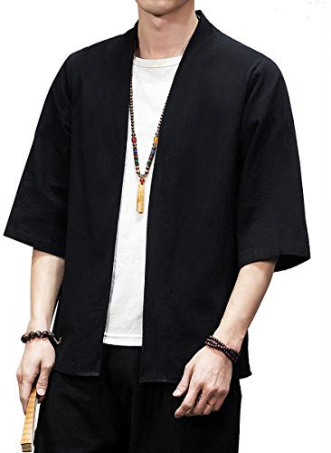 Mens Kimono Cardigan Cotton Linen Japanese Kimono Jacket 3/4 Sleeve Haori