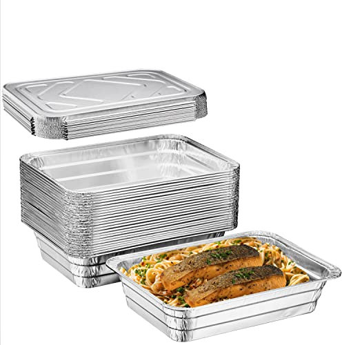 Diplastible Disposable Aluminum Pans with Lids | 20 pack 1-Dinner Portion Pan Oblong Cookware Pans Best Use for Baking, Meal Preparations, Cooking, Roasting, Grilling, Toasting | With Foil Lids