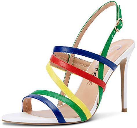 Castamere Zapatos de Tacón Mujer Tira de Tobillo Punta Abierta Sandalias Romanas Tacón de Aguja 10CM Multicolor PU Zapatos EU 38