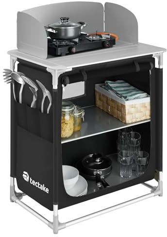 tectake® Cocina de Camping de Aluminio Plegable, Ligera, con Bolsa de Transporte, Accesorios de Cocina, Mesa Plegable Camping, Armario Mueble, Mesa - Negro