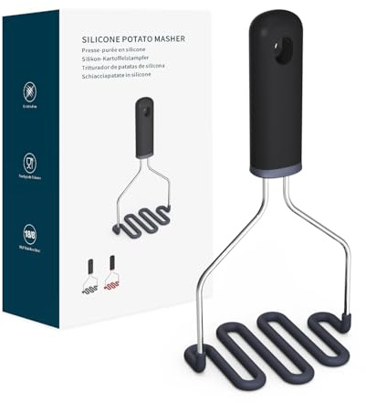 KITCHENDAO Non-Scratch Potato Masher, Heavy Duty 18/8 Stainless Steel Wrapped In Premium Silicone, Soft Touch Handle, Versatile Masher Hand Tool & Potato Smasher, Gift for Christmas-Black