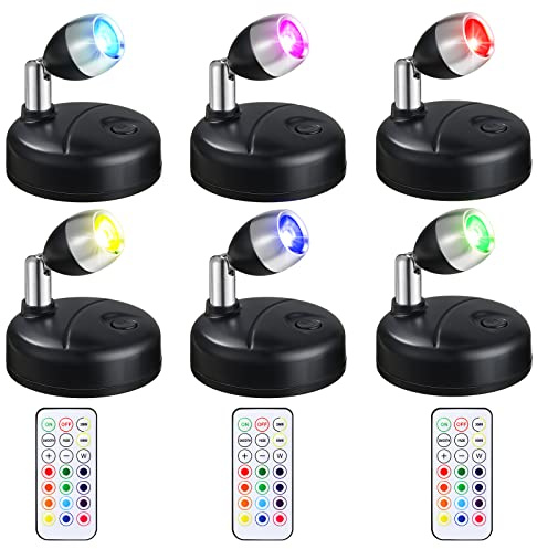 Hortsun 6 Pieces Battery Operated Spotlights Indoor LED Wireless Spotlight Indoor 13 Color up Lights with Rotatable Light Head Stick on Wall Hallway for Painting Picture Artwork Closet (Black)