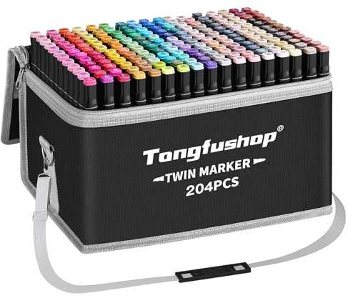 Tongfushop Marcatore 204 Colori, Pennarelli Doppia Punta, Pennarelli ad Alcool Professionali con Borsa e Distanziatore, Adatti per Sketch, Colorare, Illustrazioni, Disegnare, Anime