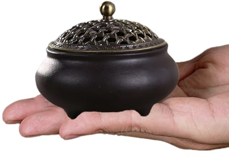 Vintage Keramik Räuchergefäß Weihrauchbrenner Räuchergefäß Räucherstäbchenhalter Halter Rund Chinesisch Porzellan Räucherschale mit Feuerfeste Matte Metall Deckel für Meditationsraum Home Deko