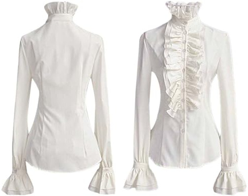 KBOPLEMQ Camicetta in pizzo da donna in stile rinascimentale, stile vintage, con fiocco, colletto alto con volant, camicetta vittoriana, bianca e nera, a maniche lunghe, stile medievale