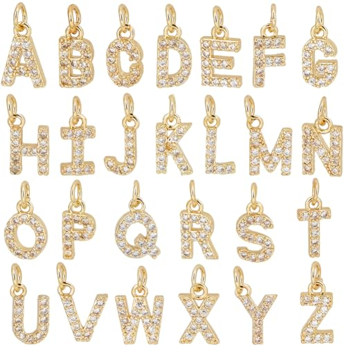 SUNNYCLUE 1 Box Echte 18 Karat 26 Stück Vergoldete Strass Buchstabenanhänger Goldene Alphabet Anhänger Großpackung Goldener AZ Schieber Glitzernder Kleiner Metallanhänger Zur Schmuckherstellung Charms