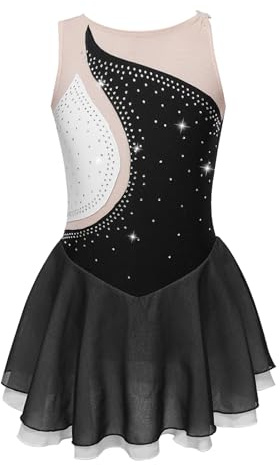 Yruioon Vestido de patinaje artístico para niña, vestido de ballet, vestido de patín con diamantes de imitación, vestido de baile, gimnasia, leotardo, competencia, disfraz de danza, A negro., 158-164