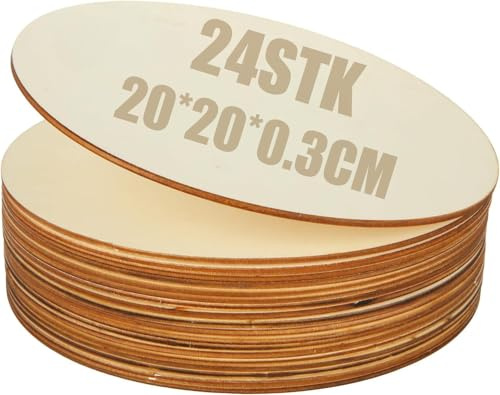 SENENQU 24 Piezas Rodajas de Madera y Discos de Madera Redondos de 20 cm, 3 mm, Maderas para Bricolaje, Pintura, Pirograbado, Decoración y Manualidades