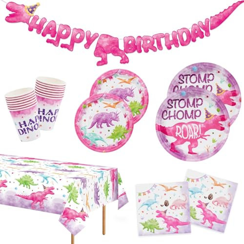 WERNNSAI Dinosaur Birthday Decorations - 98 PCS Dinosaur Party Favors Include Dino Birthday Banner Plates Napkins Cups Tablecloth Pink Three Rex Party Decorations for Kids Girls Serve 24 Guests