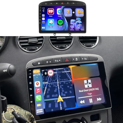 2+64GB Android Autoradio pour Peugeot 308 408 2007-2015 Wireless Carplay Android Auto, 9 Pouces Touchscreen Radio Voiture avec Bluetooth/GPS/Caméra Arrière/FM/WiFi/SWC/26UI
