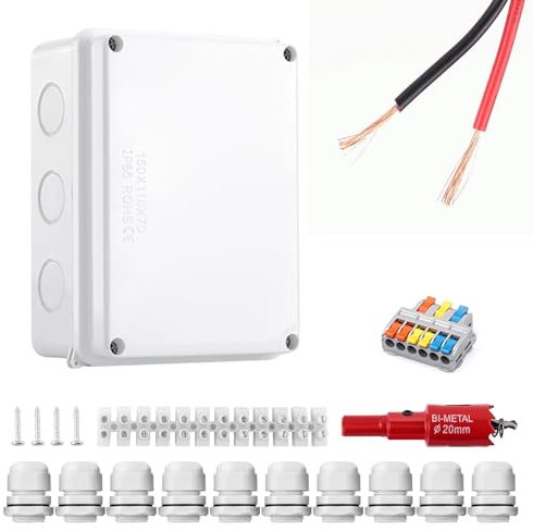 HSUYUN Junction Box, IP65 Waterproof Junction Box, 150 x 110 x 70 mm, Surface-Mounted, Waterproof Junction Box with M20 Waterproof Connectors for Cables with Diameter 6-12 mm