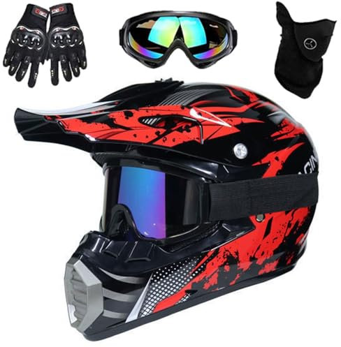 Casque de Motocross, Avec Gants, Lunettes, Masque, Casque de VTT Tout-Terrain BMX Pour Jeunes Et Adultes, Homologué DOT(126 Red is neat,L(56-57cm))
