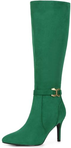 Allegra K Bottes hautes à talon aiguille et bout pointu pour femme, avec boucle et fermeture éclair latérale Vert 39