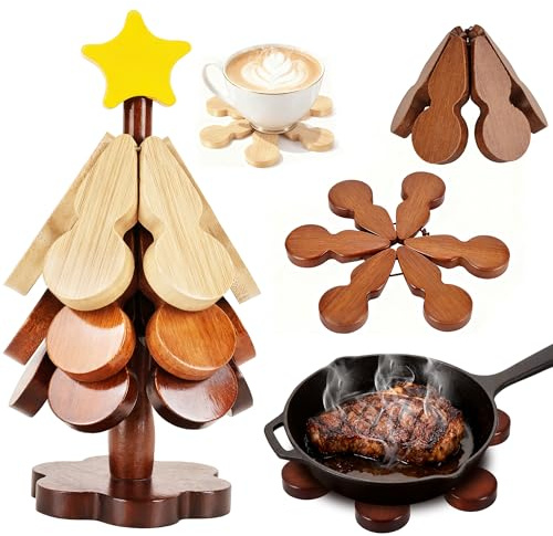 Dessous de Plat en Bois pour Noël, Dessous de Plat Pliable en Forme de Sapin, Décoration pour Fête de Noël, Tapis de Casserole, 3 sous Verres en Bois + 1 Support pour Boissons, Assiettes, Poêles