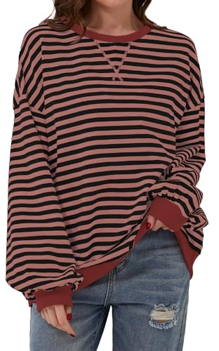 Chicrise Pull Femme Oversized Bloc de Couleurs Rayé Manches Longues Tricoté Col Rond Haut Décontracté, M