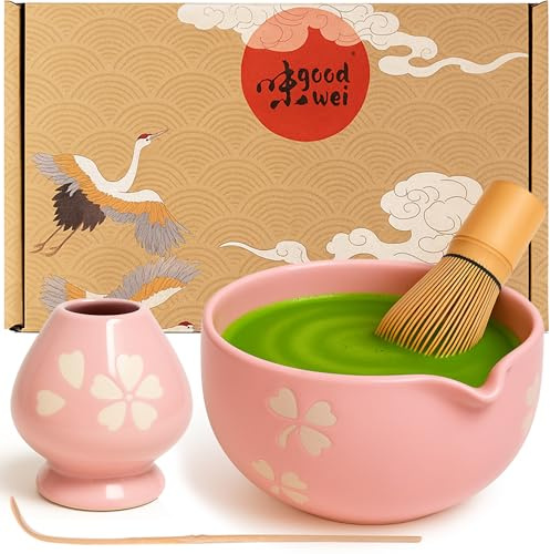 Goodwei Matcha Kit con cuchara y batidor te matcha, tazon matcha con soporte para batidor de cerámica en el mismo diseño | Cuenco de matcha Chawan artísticamente con vertedor, 450ml (Hanami)