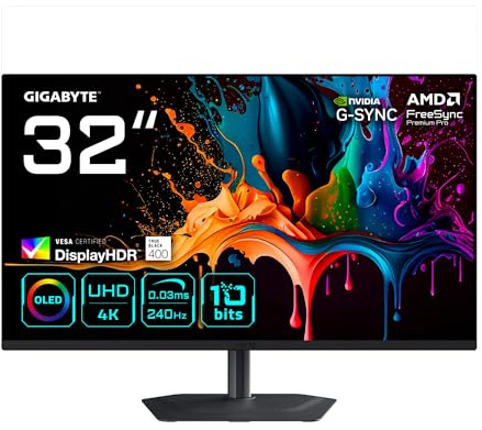 Gigabyte MO32U2 Monitor Gaming OLED 32” 4K UHD - 3840 x 2160, 240Hz, 0.03ms, 250 cd/m², G-Sync Compatibile, FreeSync Premium Pro, Display HDR True Black 400, HDMI 2.1, DisplayPort 1.4