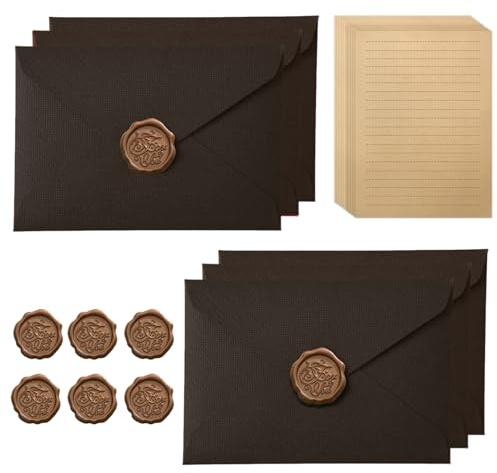 Vintage Briefpapier mit 6 Umschlägen, 10 A5-Schreibpapier und 6 Wachssiegeln, Kraftpapier, schönes Schreibpapier-Set für Hochzeit, Geburtstag, Grußkarten, Kaffee Braun
