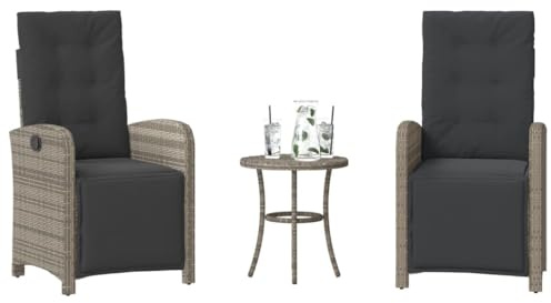 LoogCape Ensemble de bistro 3 pièces avec coussins gris - Mobilier de jardin en rotin synthétique pour terrasse, balcon et véranda - Fauteuil de relaxation réglable - Résistant aux UV