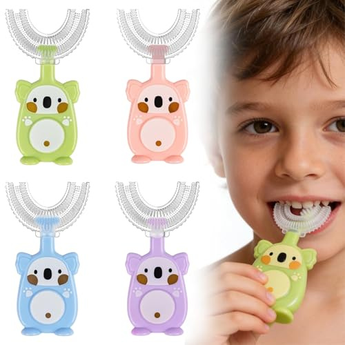 4 Pezzi Spazzolino Bambini a Forma di U, Spazzolino Denti Bambini 6-12 Anni in Silicone Morbido, Pulizia Orale a 360°, Testina Ergonomica per Primi Dentini, Design Koala (Rosa, Blu, Verde, Viola)