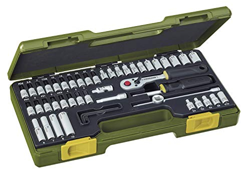 PROXXON Steckschlüsselsatz, Feinmechaniker-Satz mit 1/4-Umschaltratsche sowie Schraubendrehergriff, 50-teiliges Werkzeug-Set mit Kunststoffkoffer, 23280