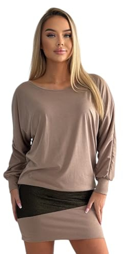 Mississhop 95-31 Damen Minikleid festlich Glitzer Kleid Pulli Tunika Cappuccino S