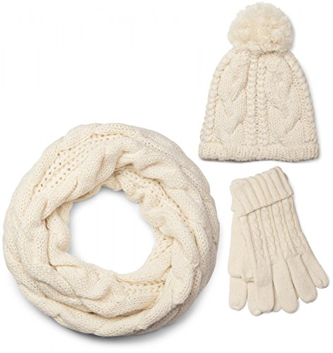 styleBREAKER Schal, Mütze und Handschuh Set, Zopfmuster Strickschal mit Bommelmütze und Handschuhe, Damen 01018208, Farbe:Creme-Beige / Loop Schlauchschal (One Size)