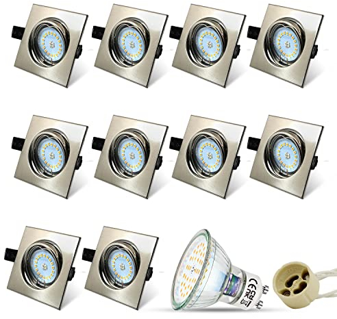 HiBay 10 Faretti LED da Incasso per Cartongesso 220V GU10 Dimensione Foro 68mm Faretti da Incasso Quadrati Faretto da Soffitto in Acciaio inox Orientabile con 5W Lampade Bianco Caldo+Presa