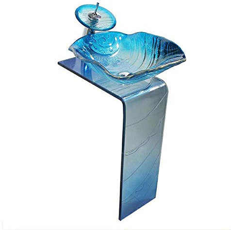 chicstyleme Modern Bathroom Basin and Full Pedestal Vanity Sink with Taps High 680mm Glass Wash Basin Set Sea Bell