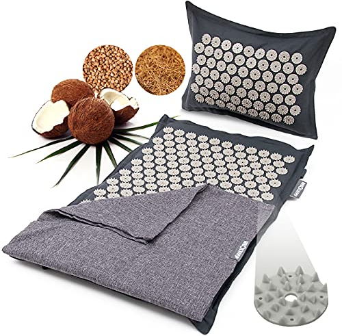 NEOLYMP Tappetino agopressione con cuscino, incluso attacco per sedia e funzione di trasporto (grigio/antracite) – tappetino massaggiante materassino relax tappeto agopressione tappetino agopuntura