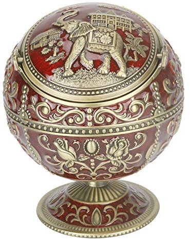 LAUYOO Vintage vindtät askfat med lock för cigarett, metall, bärbar cigarraskfat, lukteliminator för inomhus- och utomhusbruk, handstämplad rosmönster fin prydnad för män och kvinnor (röd elefant))